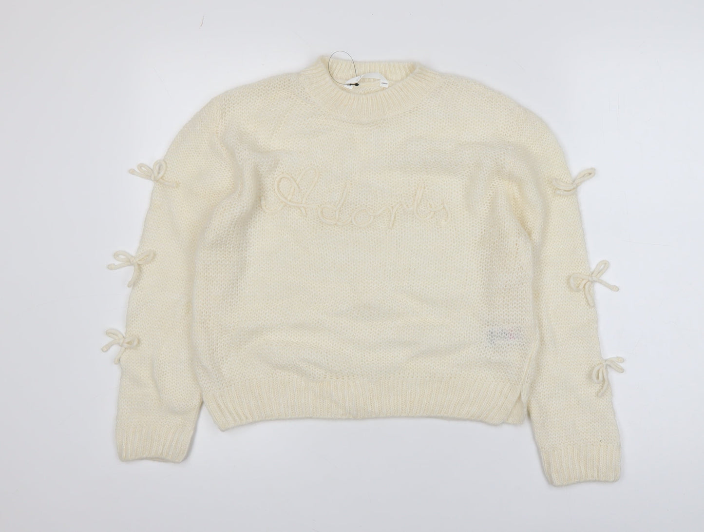 Marks and Spencer Girls Ivory Bow Knit Jumper 12-13 Years Acrylic Blend