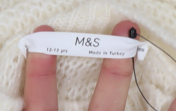 Marks and Spencer Girls Ivory Bow Knit Jumper 12-13 Years Acrylic Blend