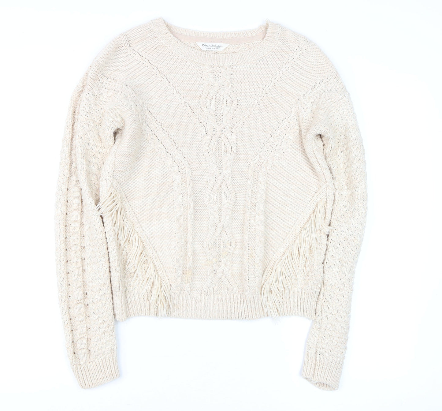 Miss Selfridge Women's Beige Cable-Knit Fringed Jumper Size 6