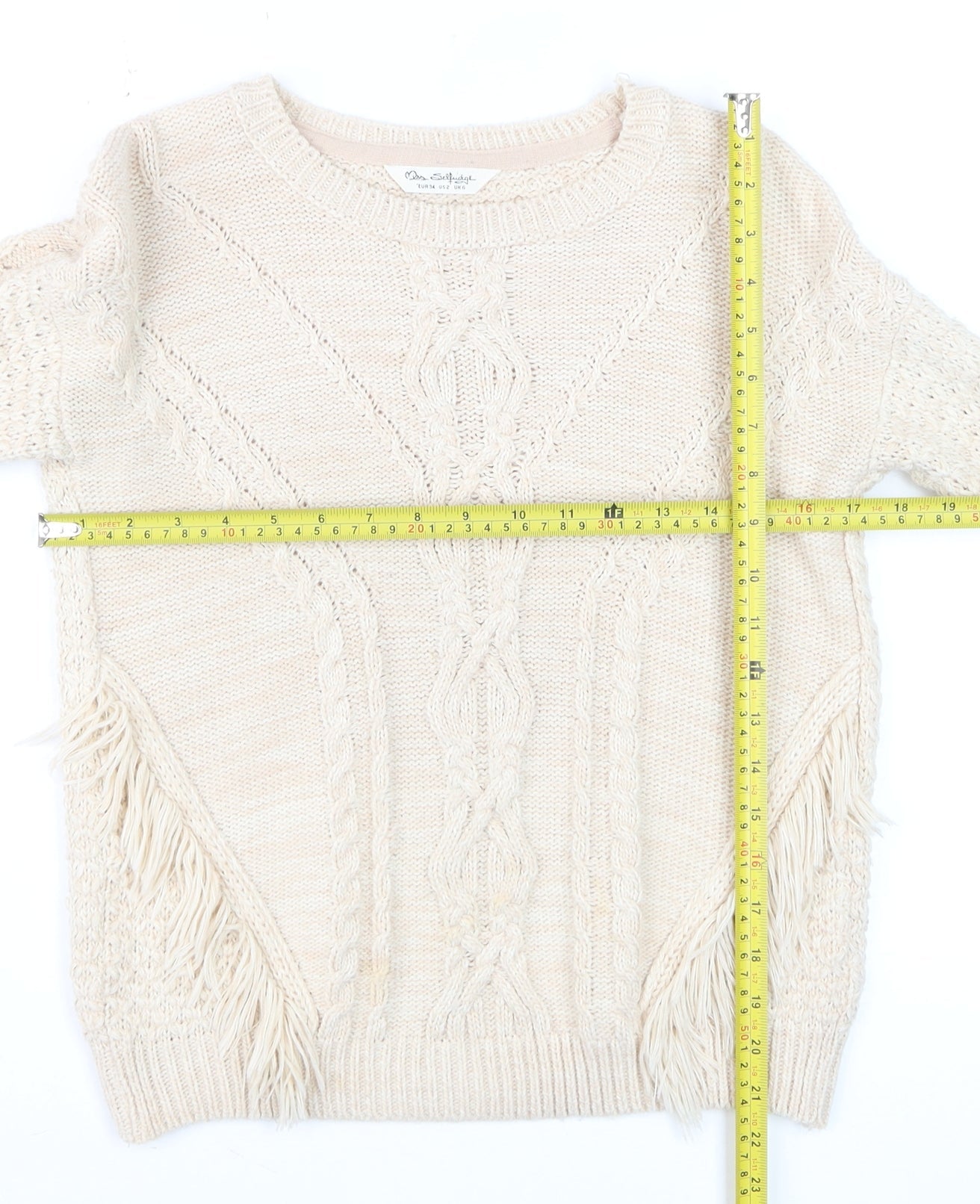 Miss Selfridge Women's Beige Cable-Knit Fringed Jumper Size 6