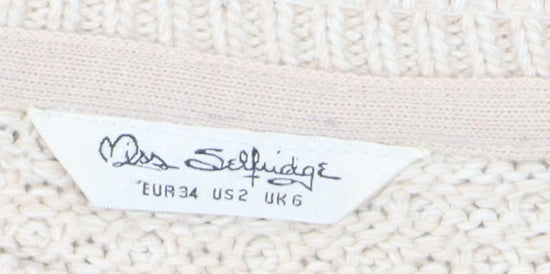 Miss Selfridge Women's Beige Cable-Knit Fringed Jumper Size 6