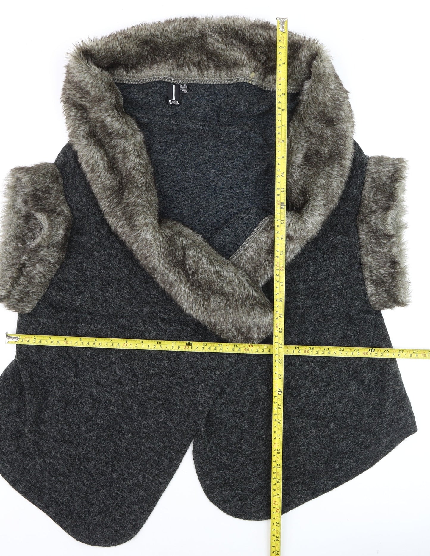 Izabel London Women Grey Faux Fur Trim Knit Cape Size 12/14