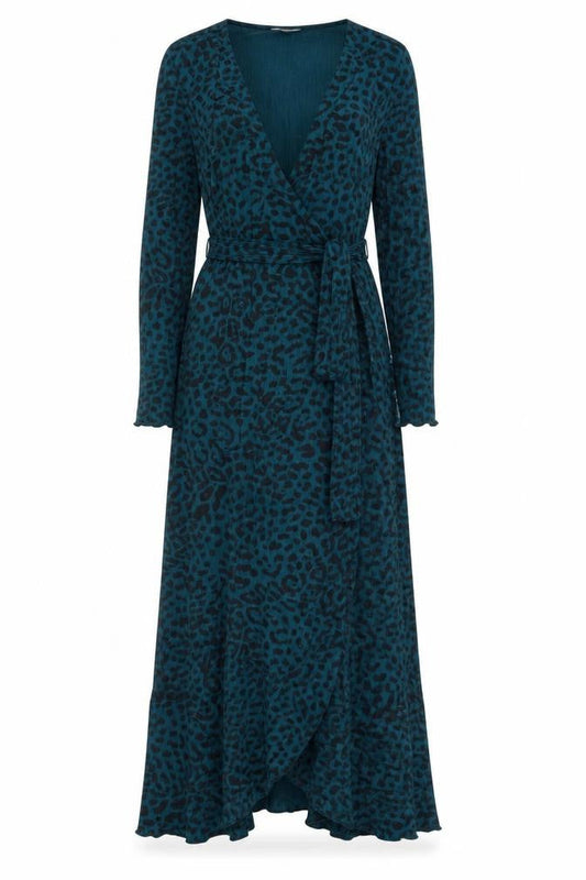 Hush Women Blue Leopard Wrap Dress Size 4 Long Sleeve