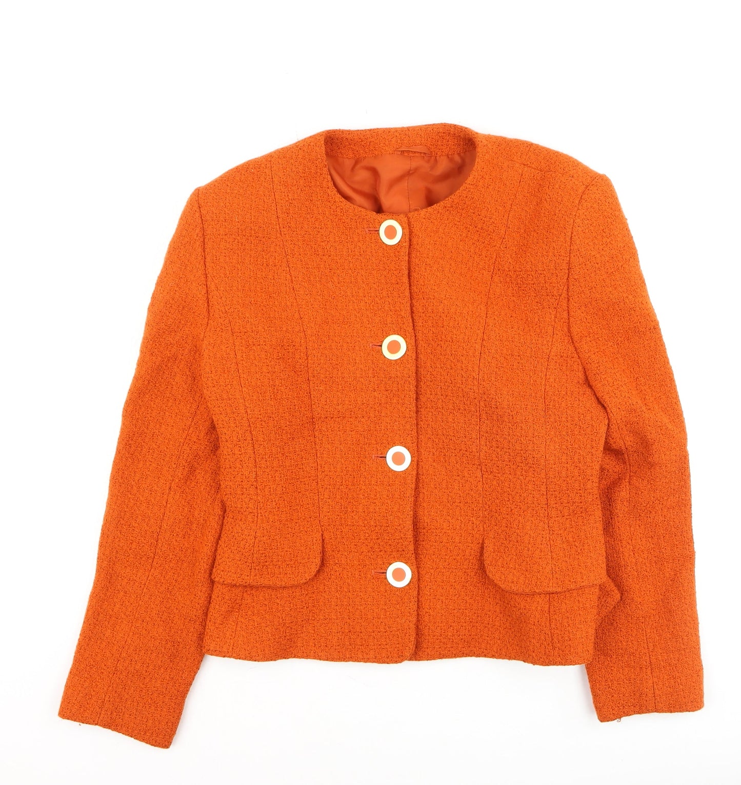 Women's Orange Wool Blend Collarless Blazer Size 12 Classic Style