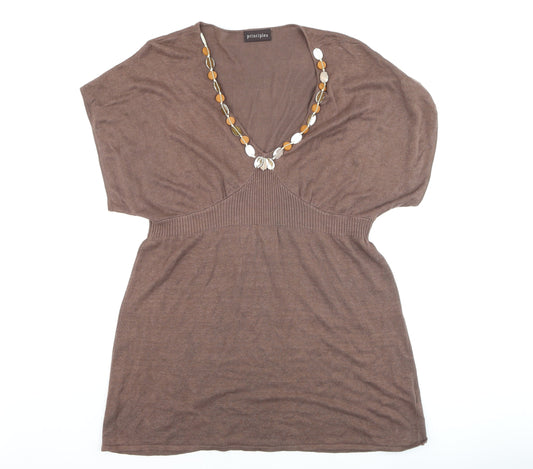 Principles Womens Brown Linen Blend Tunic Top M V-Neck Short Sleeve