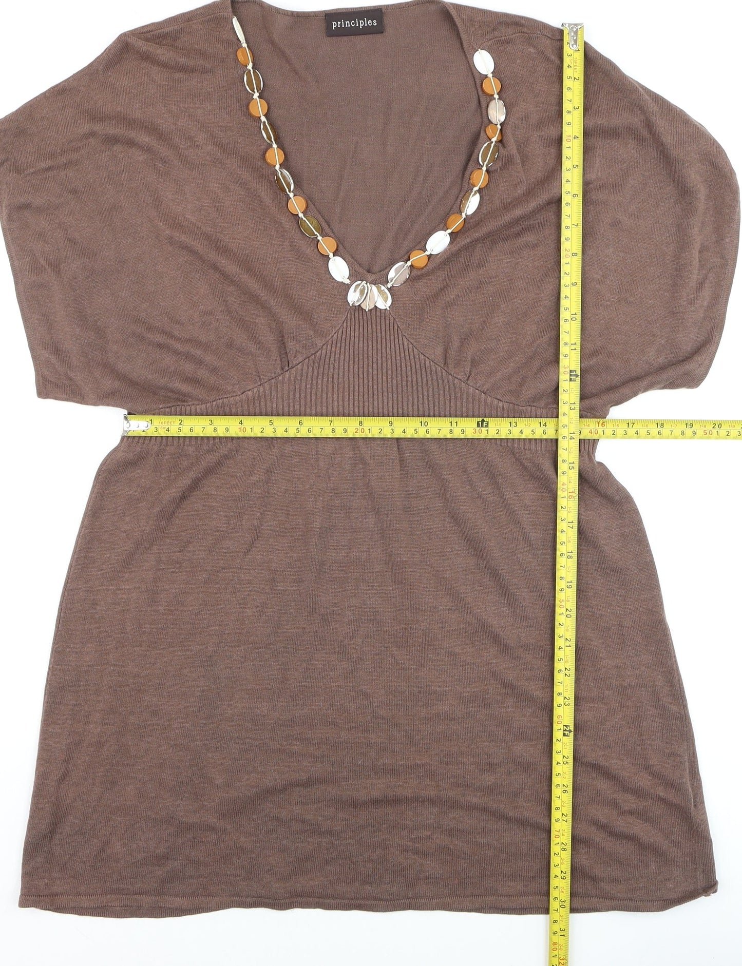 Principles Womens Brown Linen Blend Tunic Top M V-Neck Short Sleeve