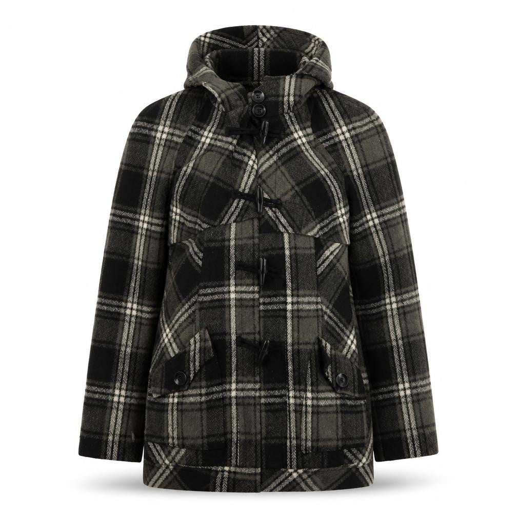 Next Women's Grey Check Hooded Duffle Coat Size 12 Wool Blend