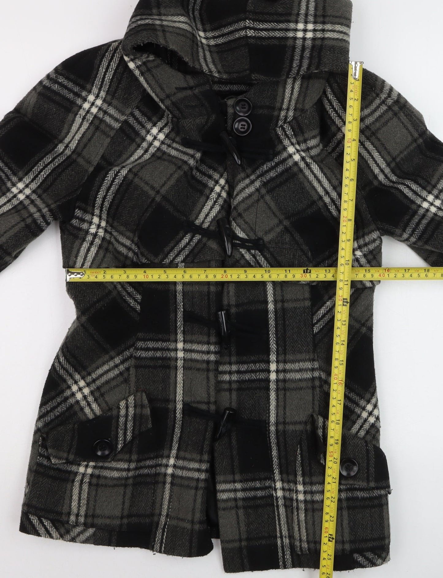 Next Women's Grey Check Hooded Duffle Coat Size 12 Wool Blend