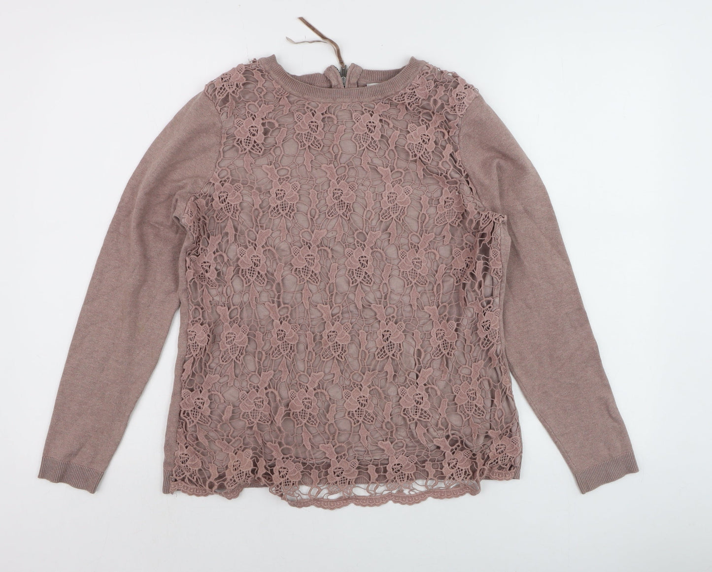 RJR John Rocha Women Brown Lace Knit Jumper Size 14 Crew Neck