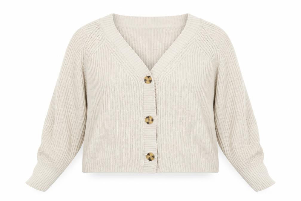 ANYDAY Women Beige Cotton V-Neck Button Cardigan Medium