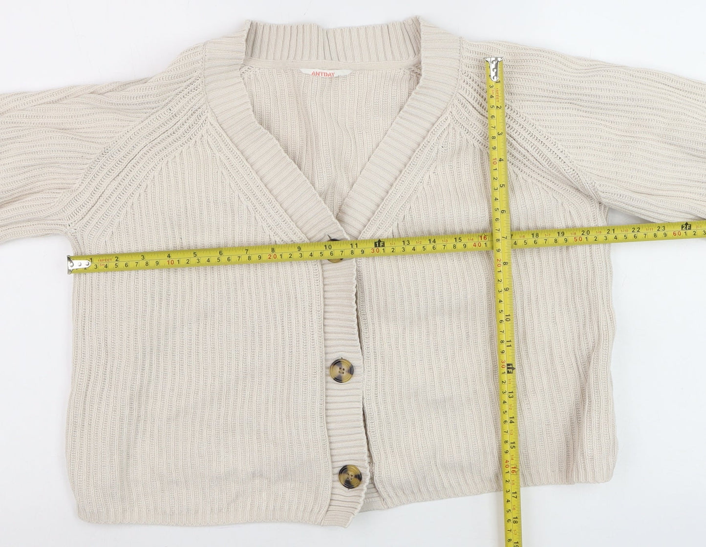 ANYDAY Women Beige Cotton V-Neck Button Cardigan Medium