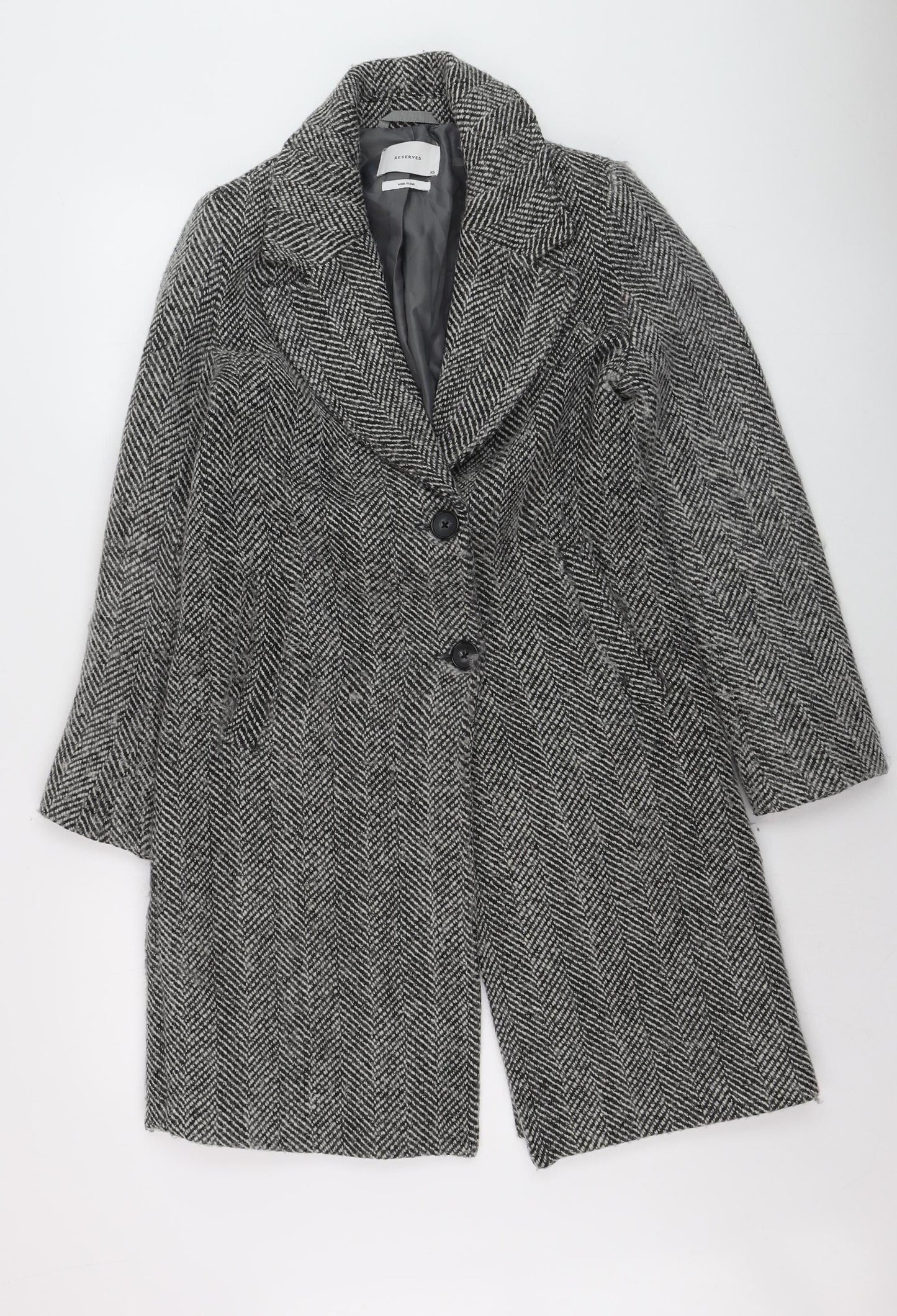 Reserved Womens Grey Herringbone Wool Blend Mid-Length Overcoat XS
