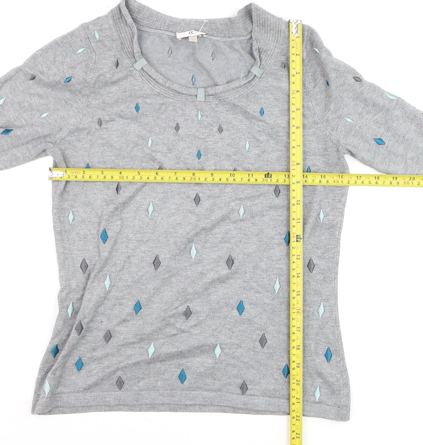 CC Women’s Grey Argyle 3/4 Sleeve Pullover Jumper Size S