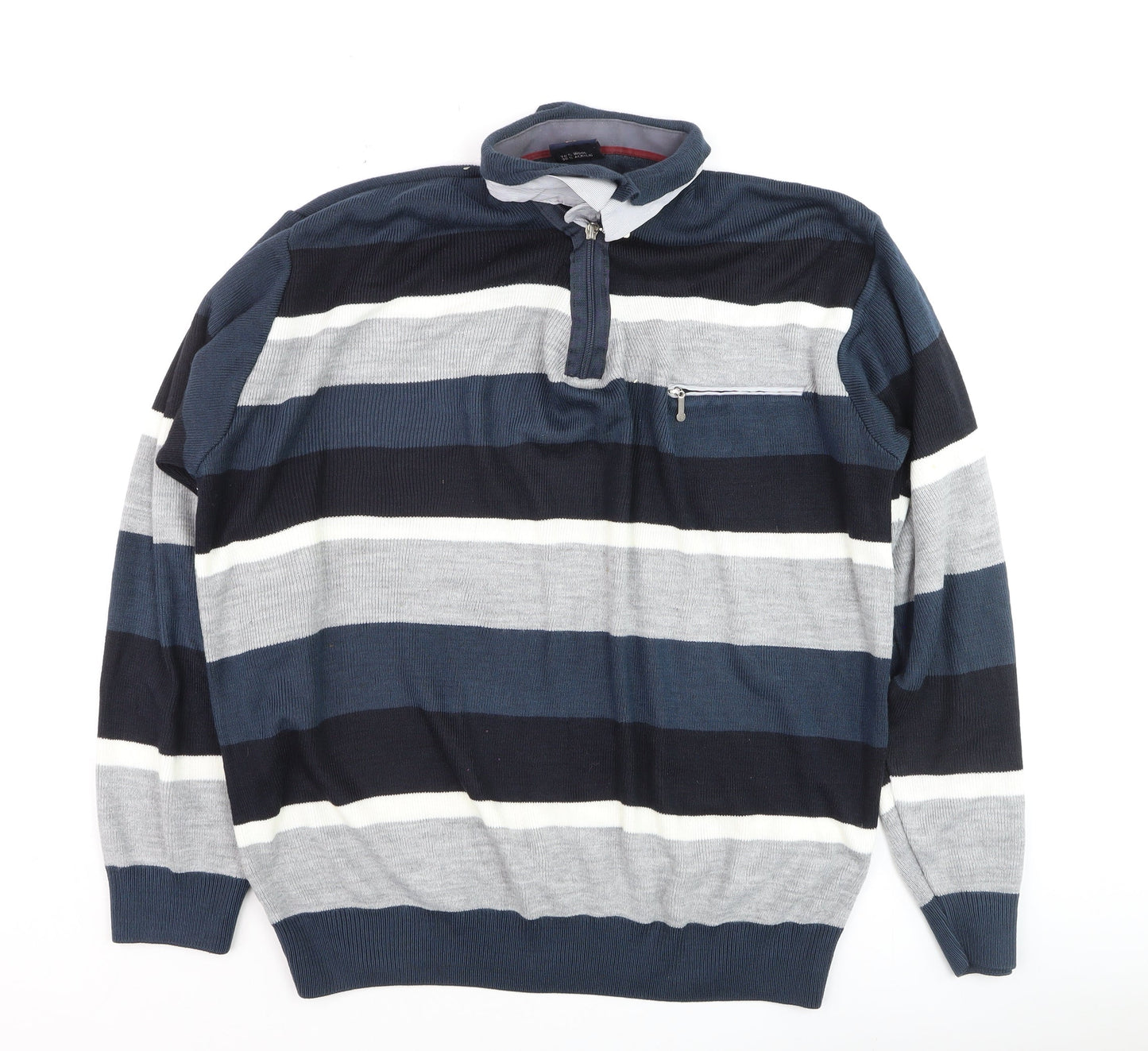 VIP STONES Men’s Blue Striped 3XL Wool Blend 1/2 Zip Jumper
