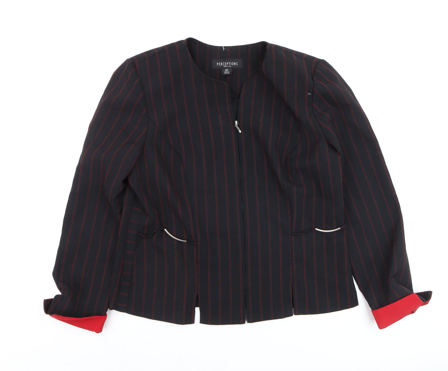 Perceptions Women’s Black Red Striped Petite 8 Zip Front Blazer