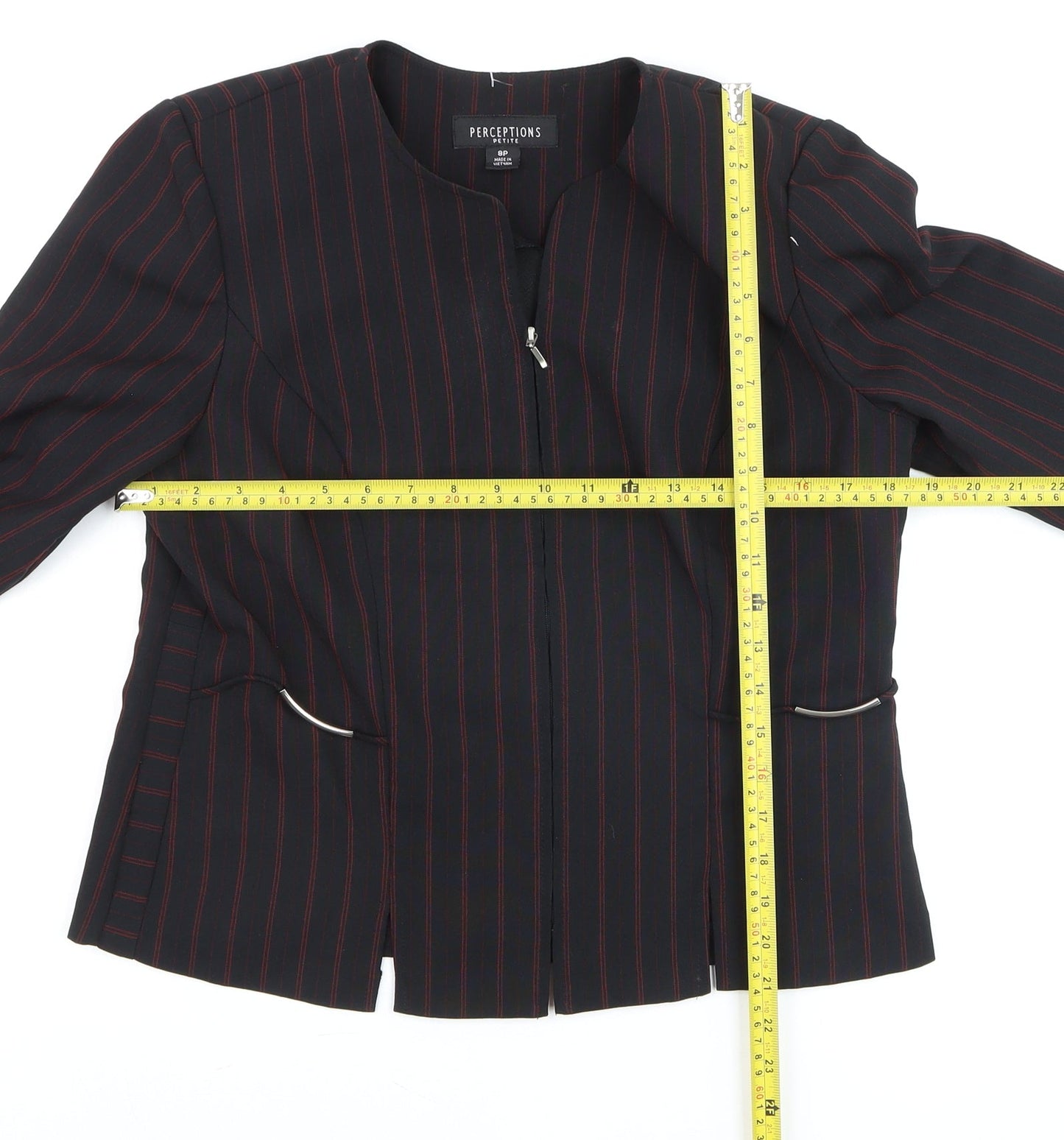 Perceptions Women’s Black Red Striped Petite 8 Zip Front Blazer