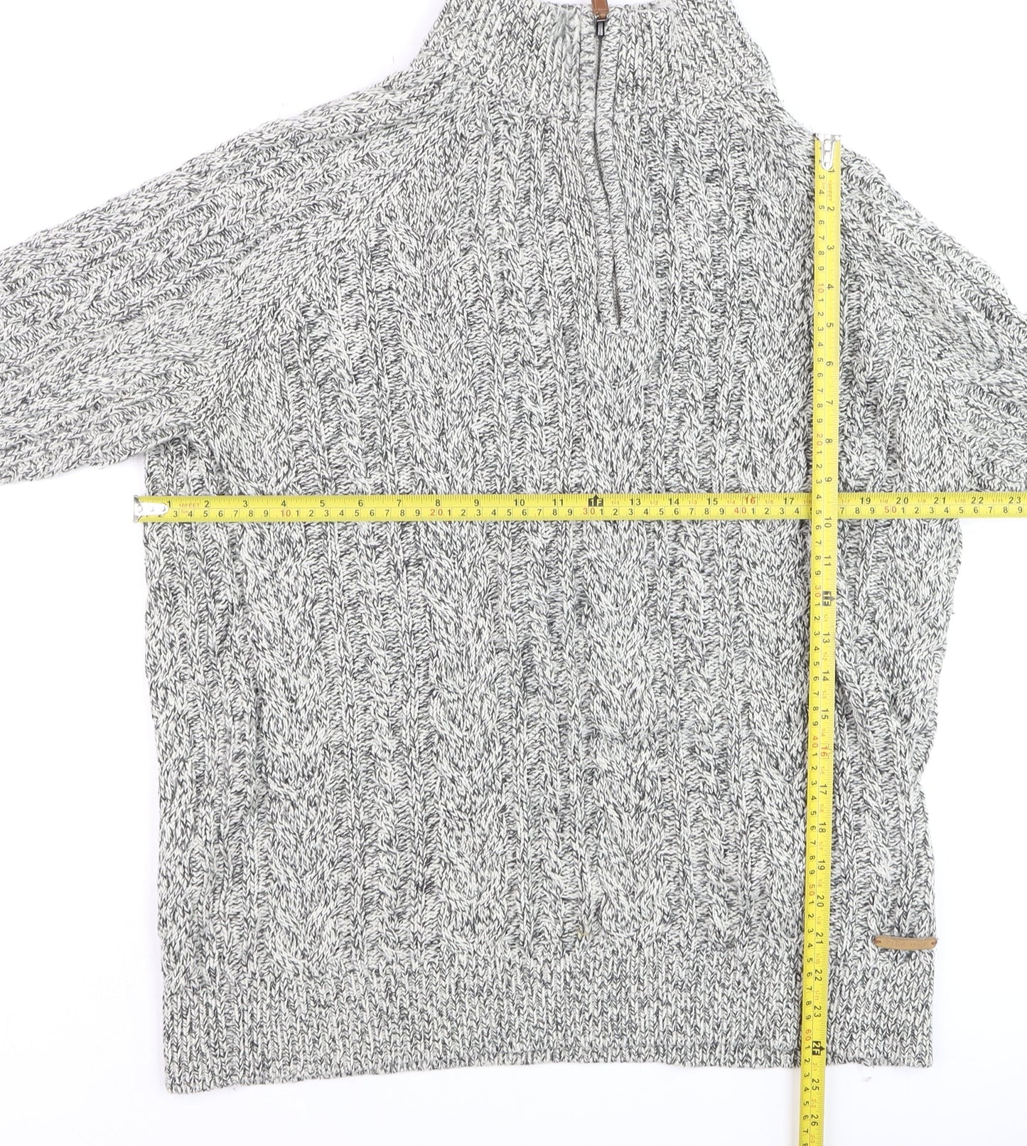 Pier One Men's Grey XL High Neck Wool Blend 1/2 Zip Cable Knit Jumper
