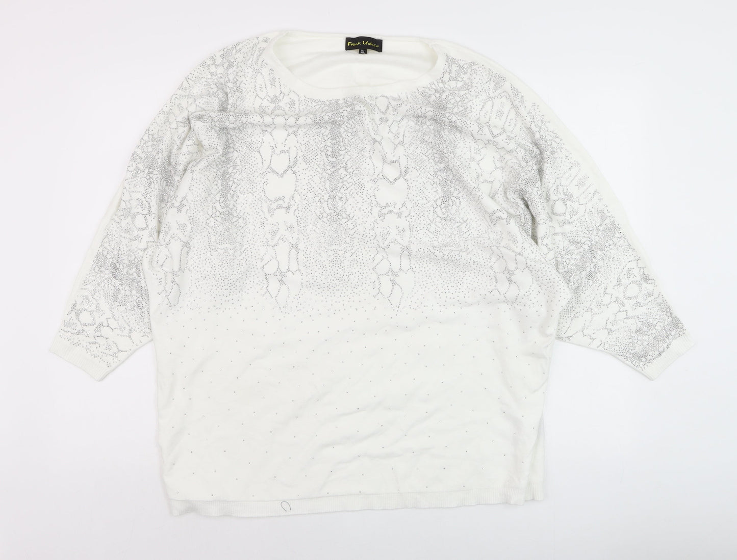 Frank Usher Womens White Rhinestone Snake Print Pullover Jumper XL