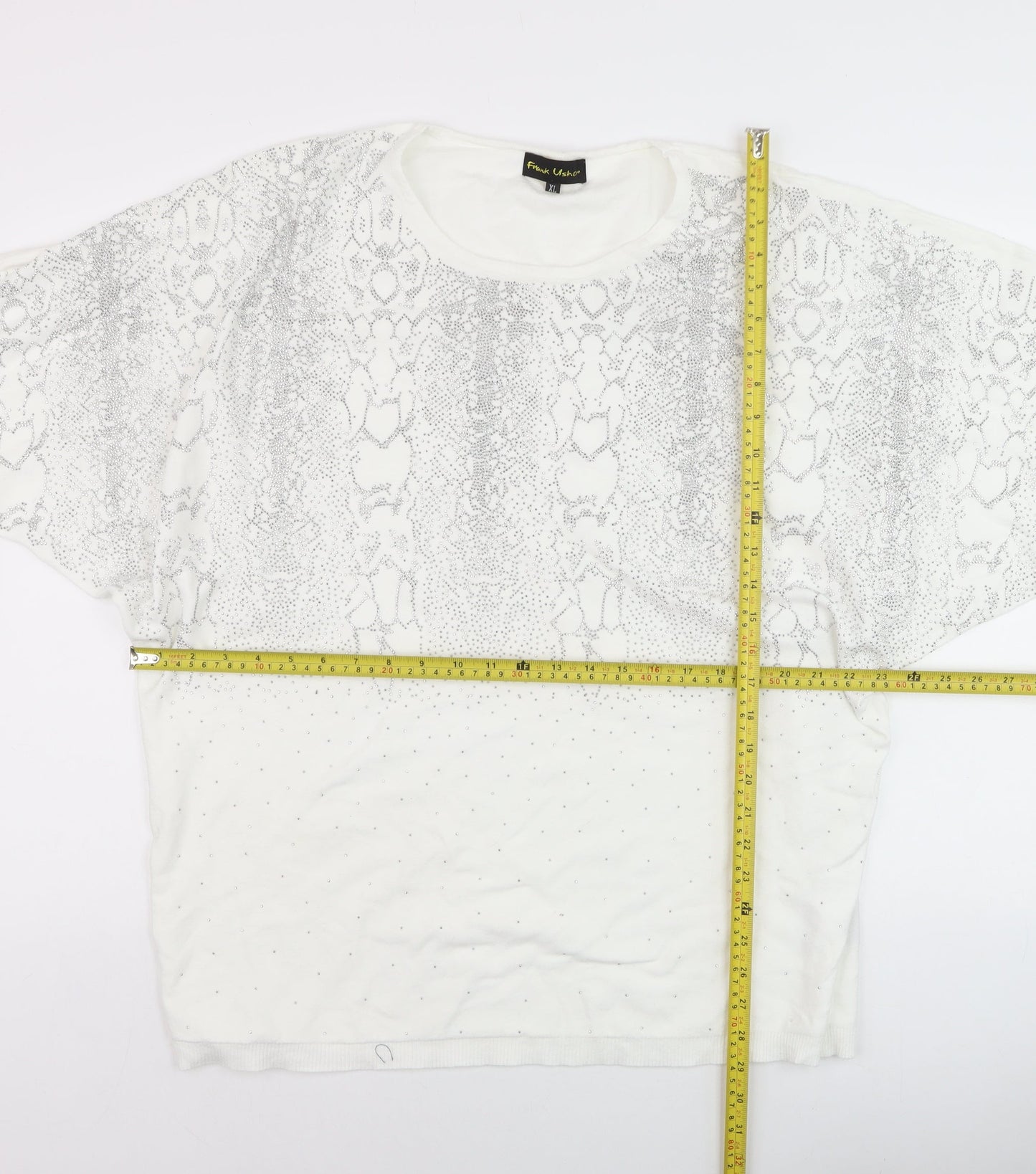 Frank Usher Womens White Rhinestone Snake Print Pullover Jumper XL