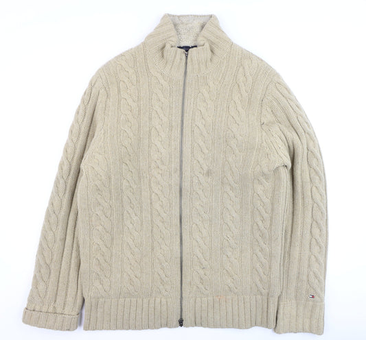 Tommy Hilfiger Men Beige Cable-Knit Full Zip Wool Cardigan L