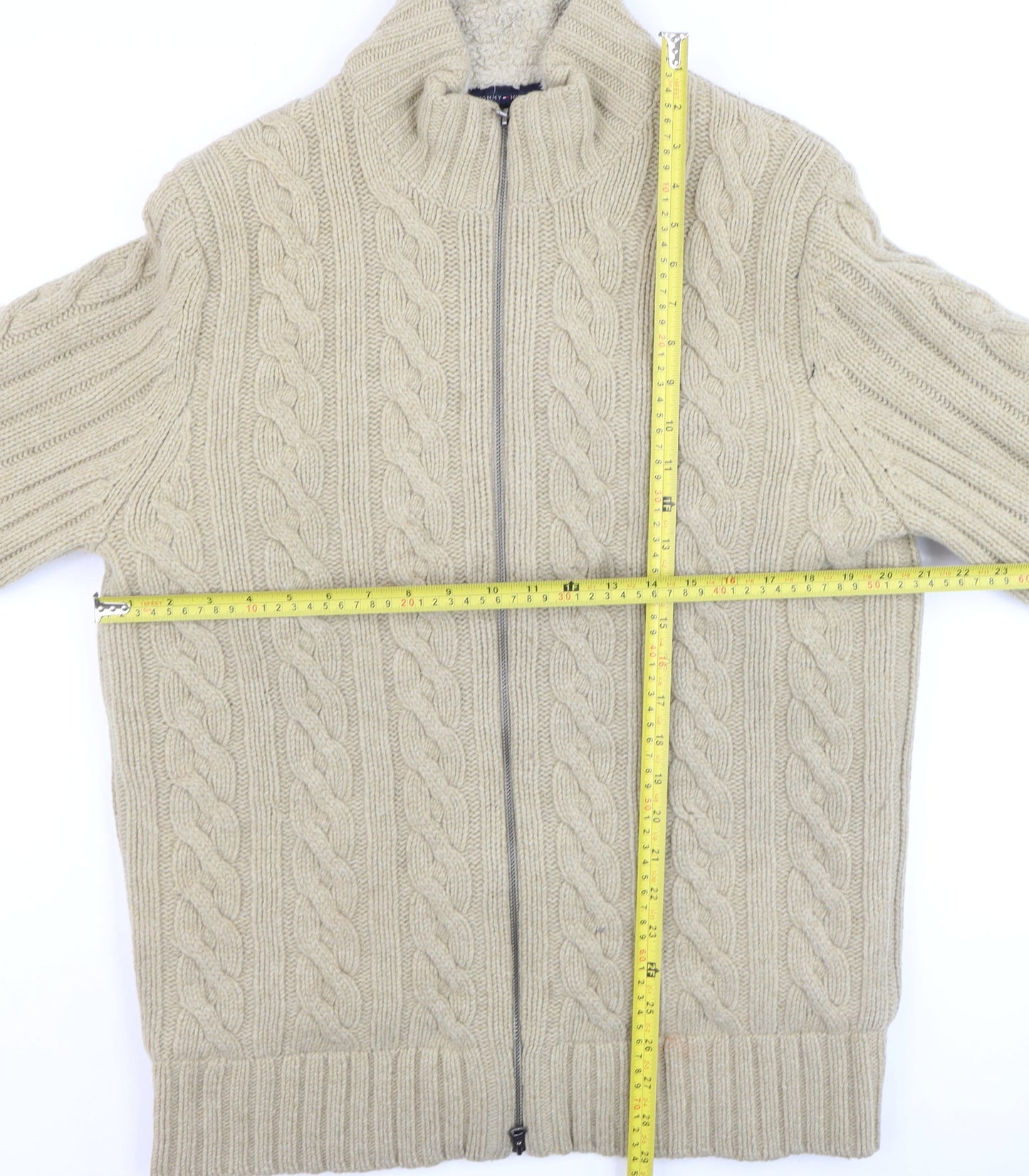 Tommy Hilfiger Men Beige Cable-Knit Full Zip Wool Cardigan L