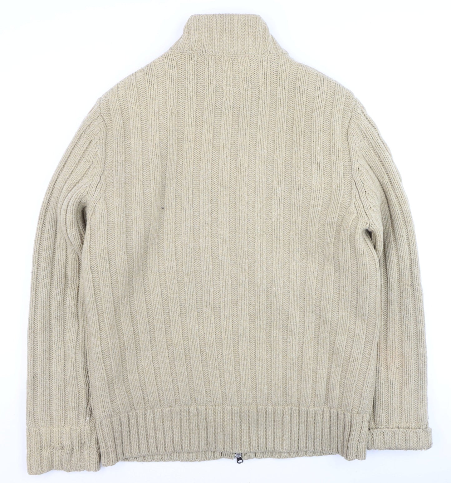 Tommy Hilfiger Men Beige Cable-Knit Full Zip Wool Cardigan L