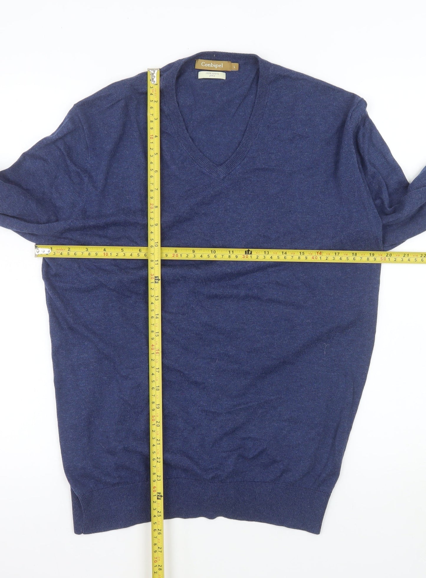 Conbipel Men's Blue Cotton V-Neck Jumper Size L Lightweight Knit