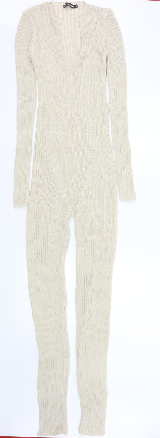 PrettyLittleThing Women’s Beige Rib Knit Long Sleeve Catsuit Size S