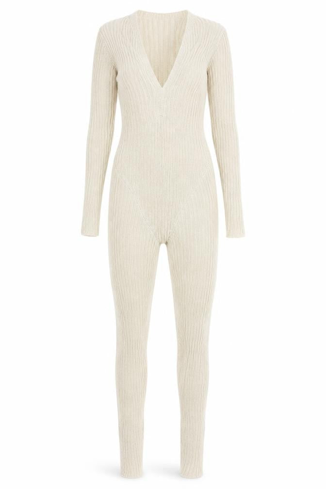 PRETTYLITTLETHING Women’s Beige Rib Knit Long Sleeve Catsuit Size S