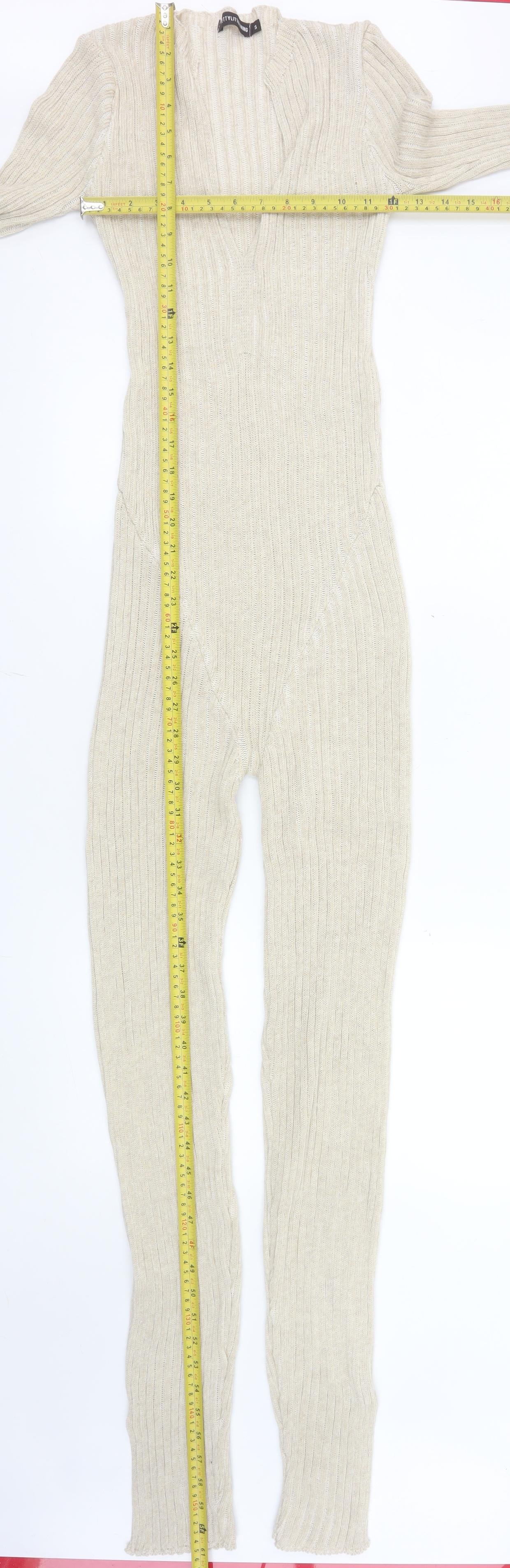 PrettyLittleThing Women’s Beige Rib Knit Long Sleeve Catsuit Size S