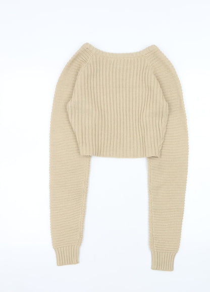 PRETTYLITTLETHING Women Beige Petite M Rib Knit Pullover Jumper
