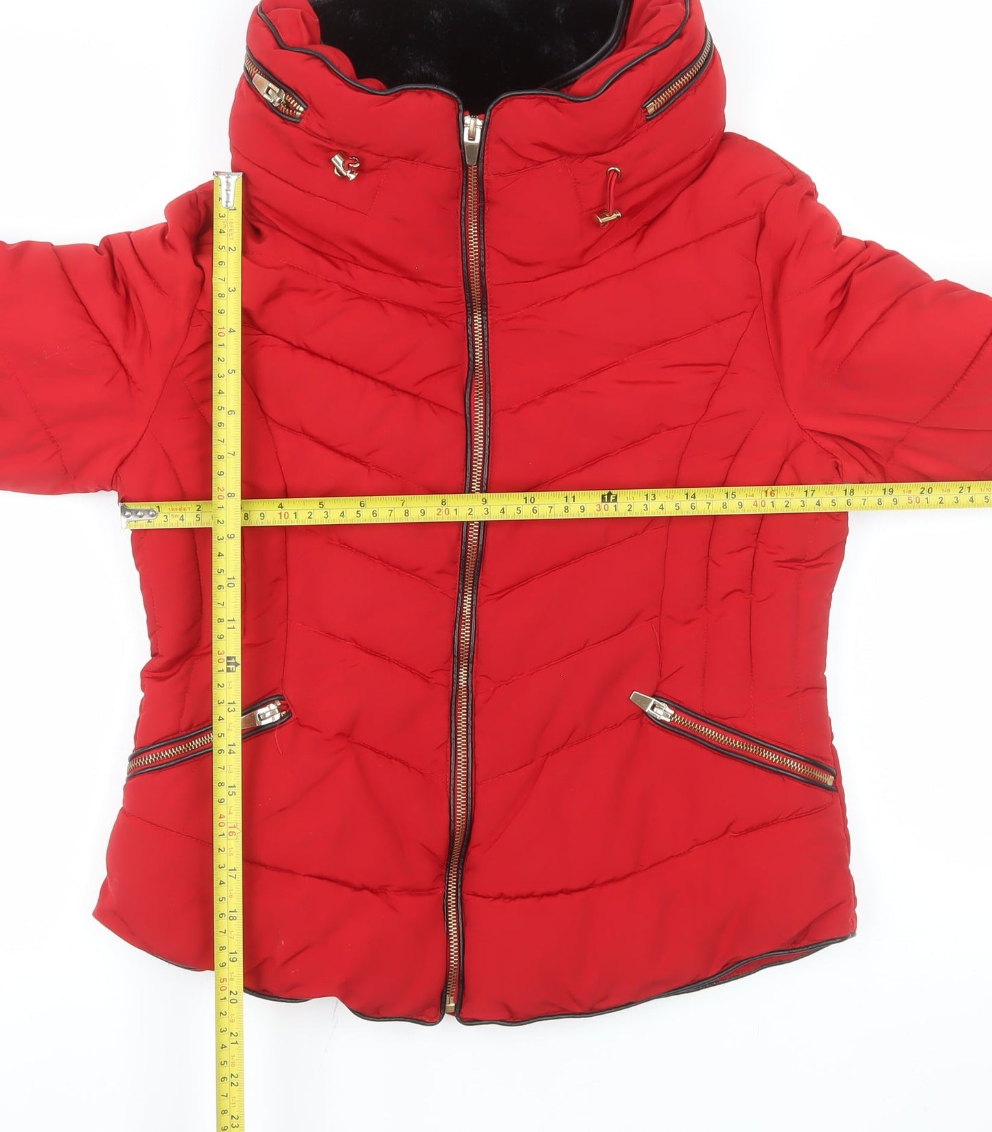 Zara Women Red Puffer Jacket L Quilted Winter Coat