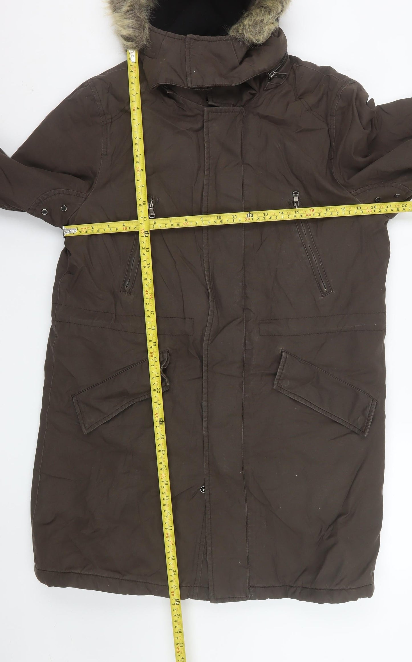 Zara Women Brown Fur Hooded Parka Coat Size 12 Long Winter Lined