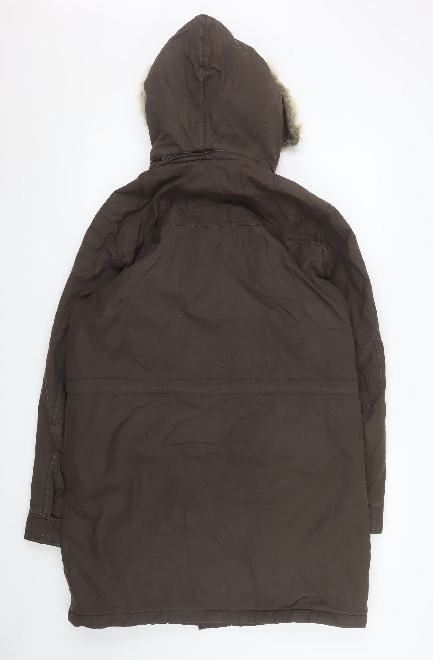 Zara Women Brown Fur Hooded Parka Coat Size 12 Long Winter Lined