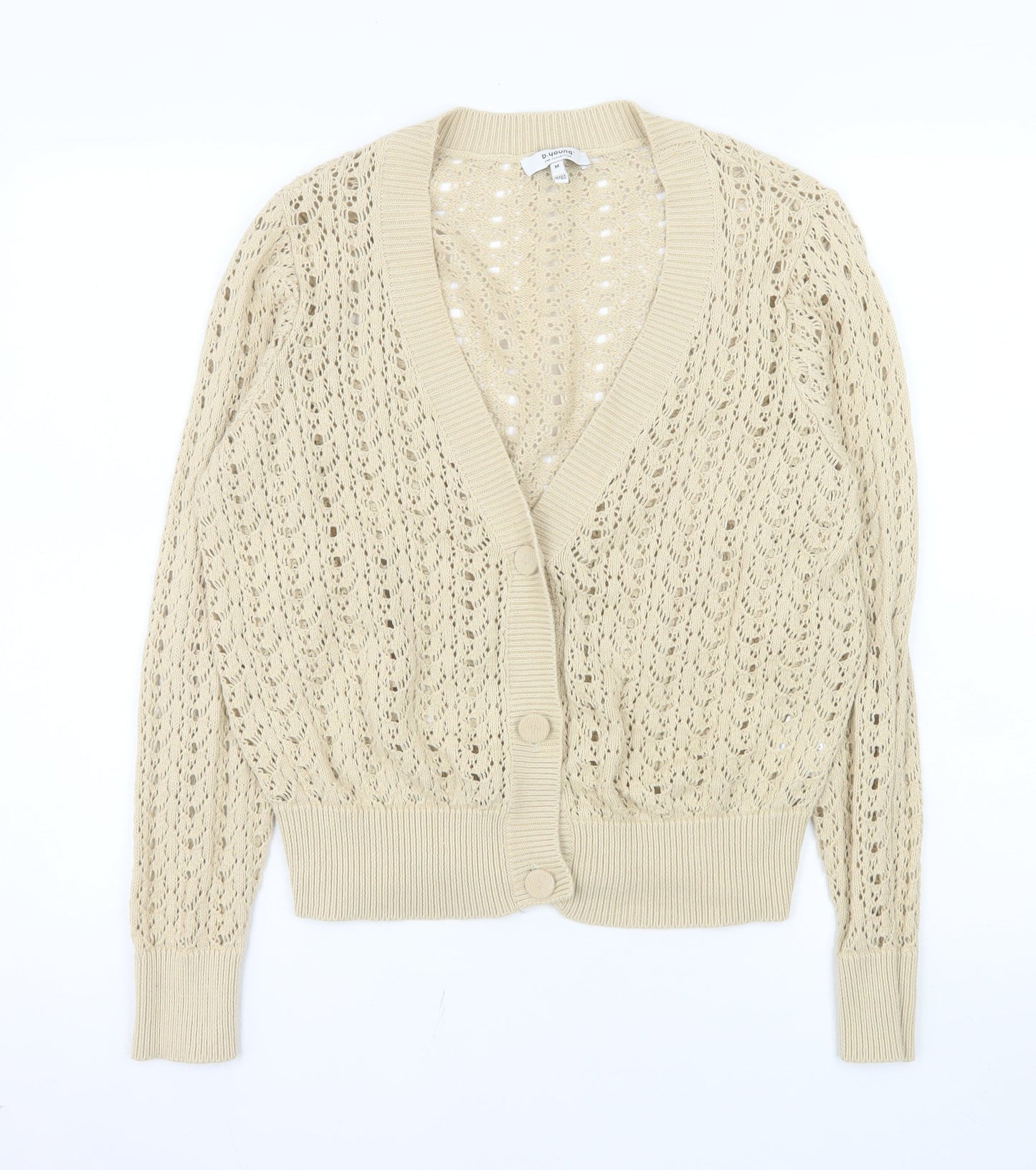 b.young Women Beige Open-Knit Cotton V-Neck Cardigan M