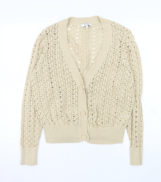 b.young Women Beige Open-Knit Cotton V-Neck Cardigan M