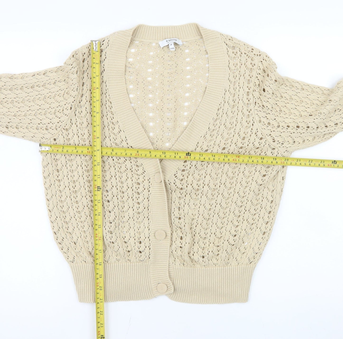 b.young Women Beige Open-Knit Cotton V-Neck Cardigan M