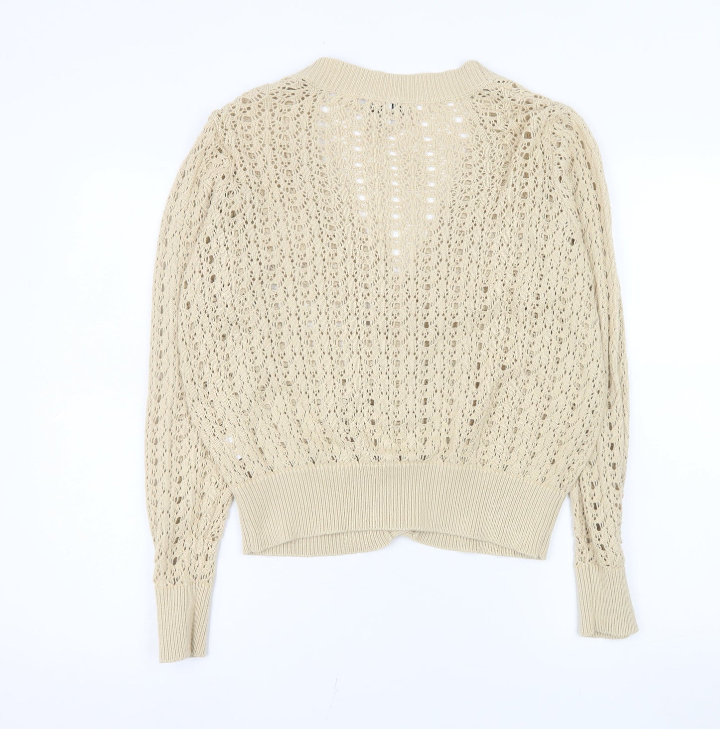 b.young Women Beige Open-Knit Cotton V-Neck Cardigan M