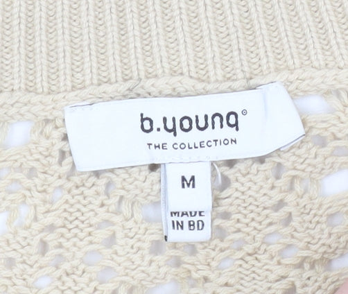 b.young Women Beige Open-Knit Cotton V-Neck Cardigan M