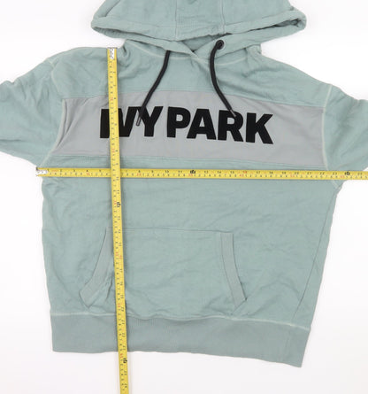Back view of Ivy Park Women's Green Pullover Hoodie Medium Cotton Blend Logo Sweatshirt