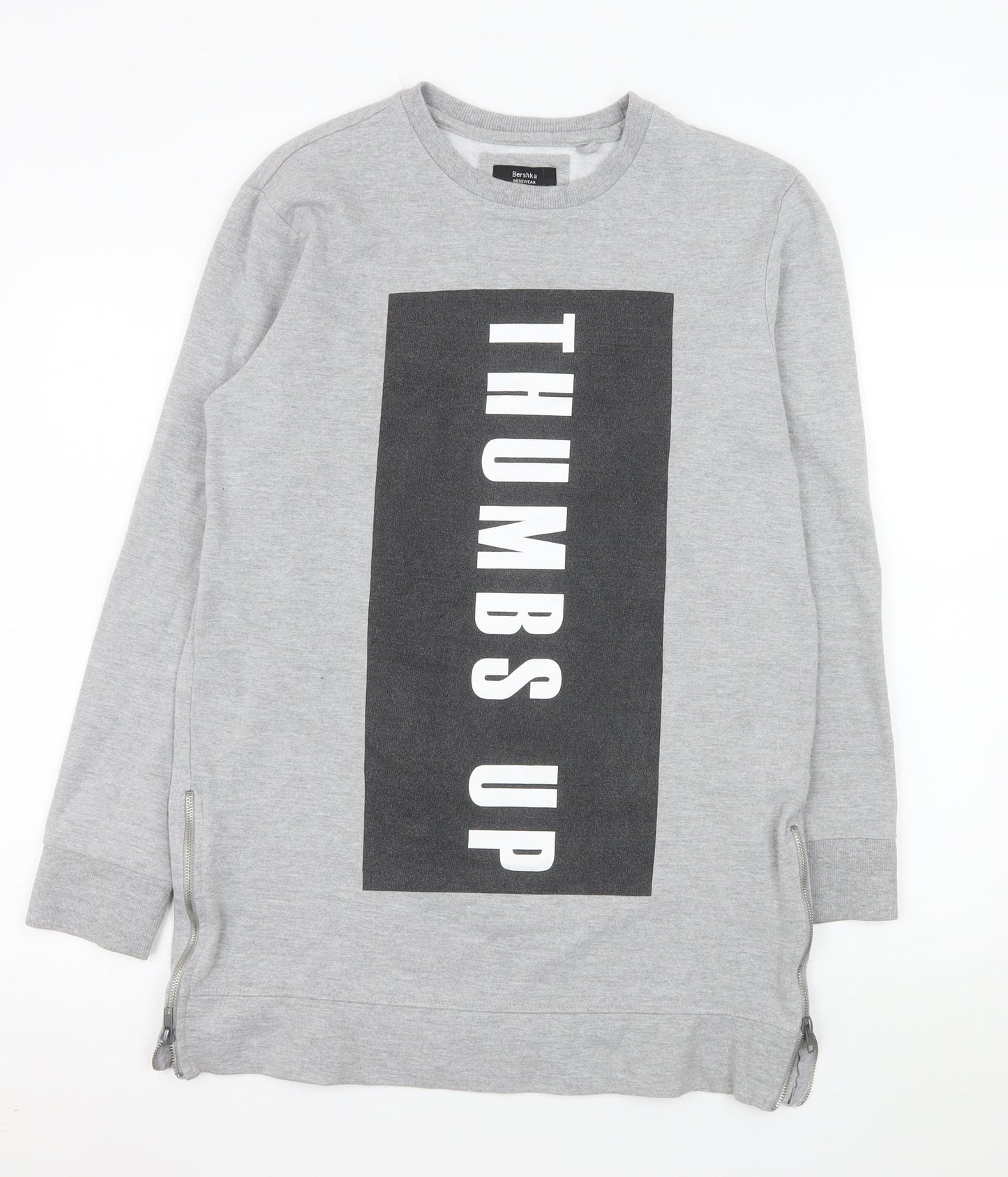 Bershka Mens Grey Graphic 'Thumbs Up' Pullover Sweatshirt M
