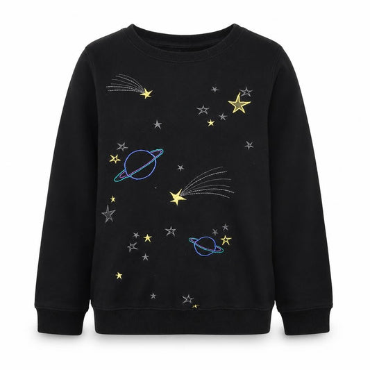 Front view of Sugarhill Boutique girls’ black embroidered space sweatshirt uk 10