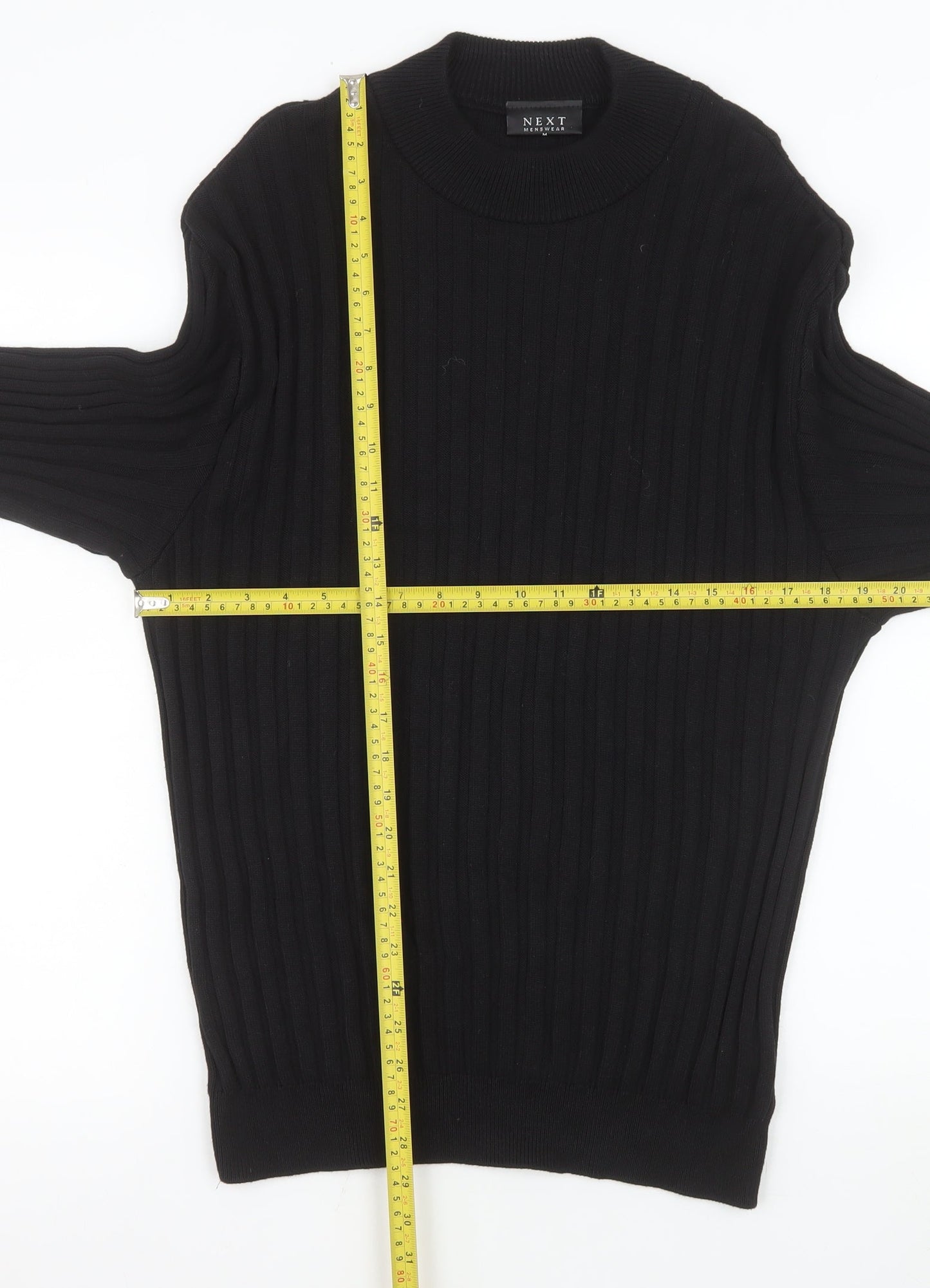 Next Mens Black Cotton Ribbed Crew Neck Jumper Size M