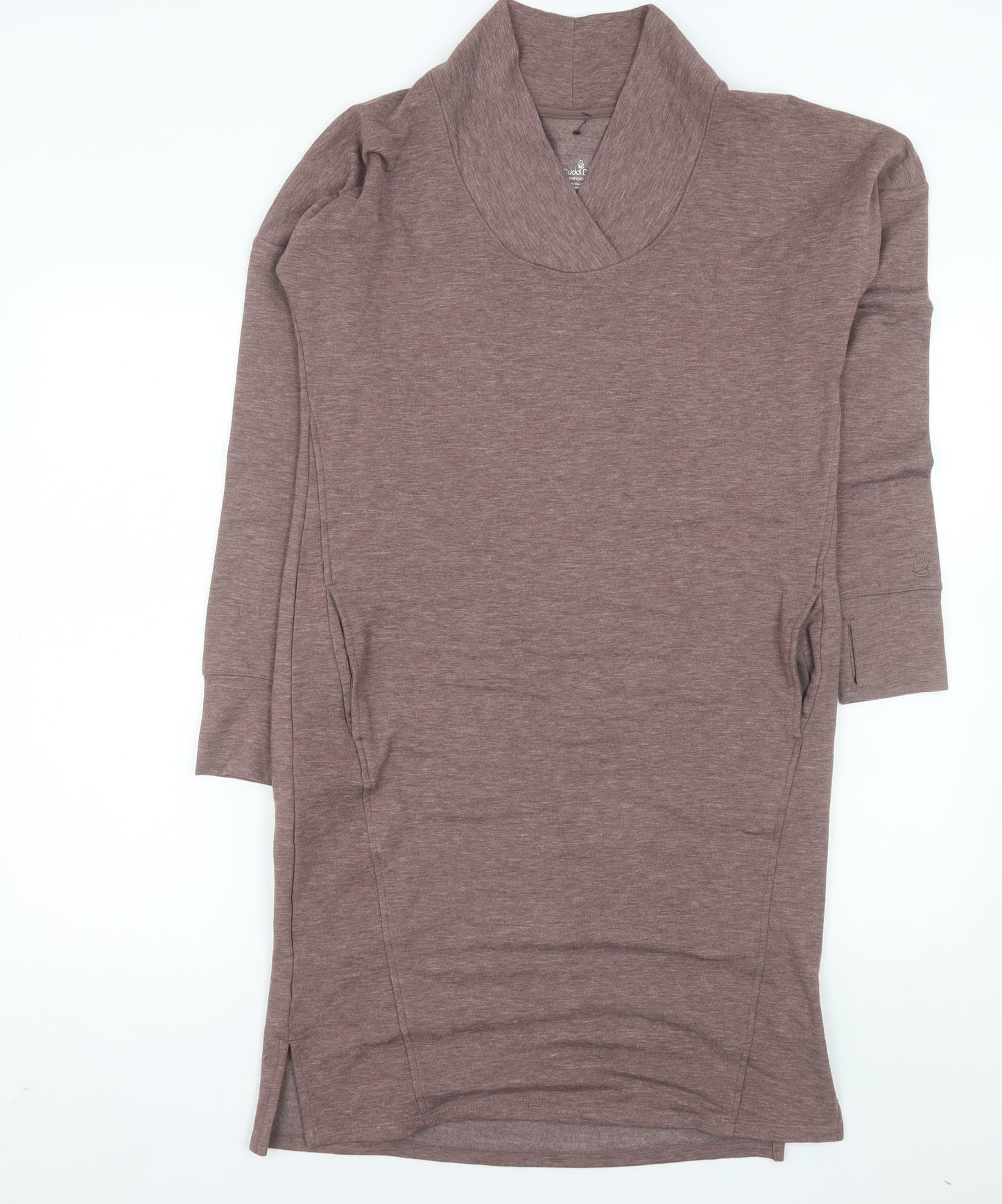 Cuddl Duds Women Brown S Shift Knee Length Long Sleeve Cowl Neck Dress
