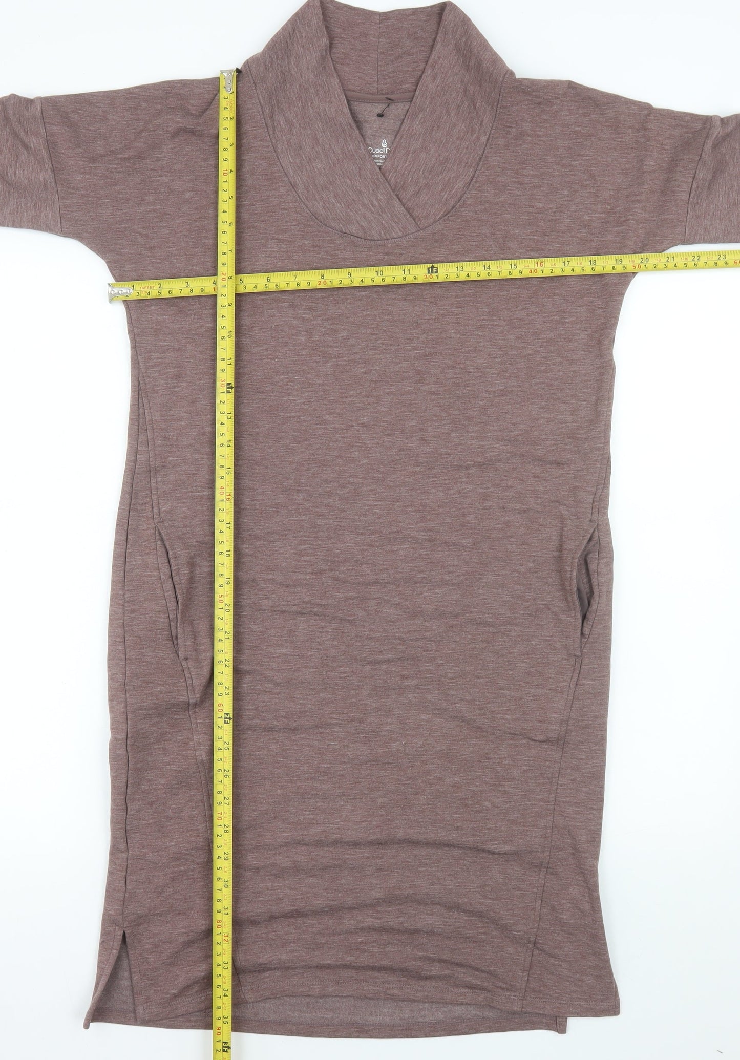 Cuddl Duds Women Brown S Shift Knee Length Long Sleeve Cowl Neck Dress