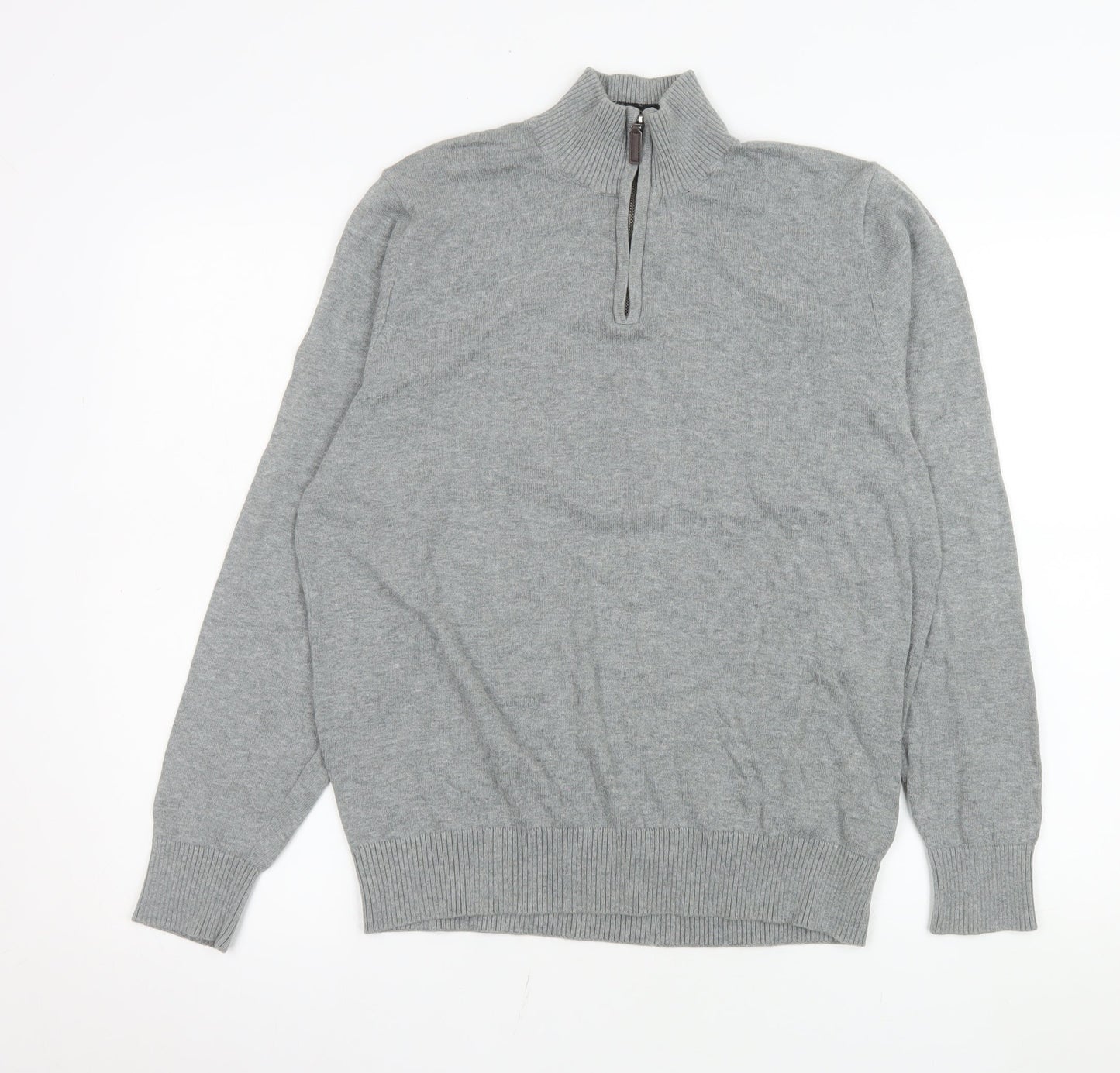 Marks and Spencer Men's Grey Cotton 1/4 Zip Sweatshirt Medium