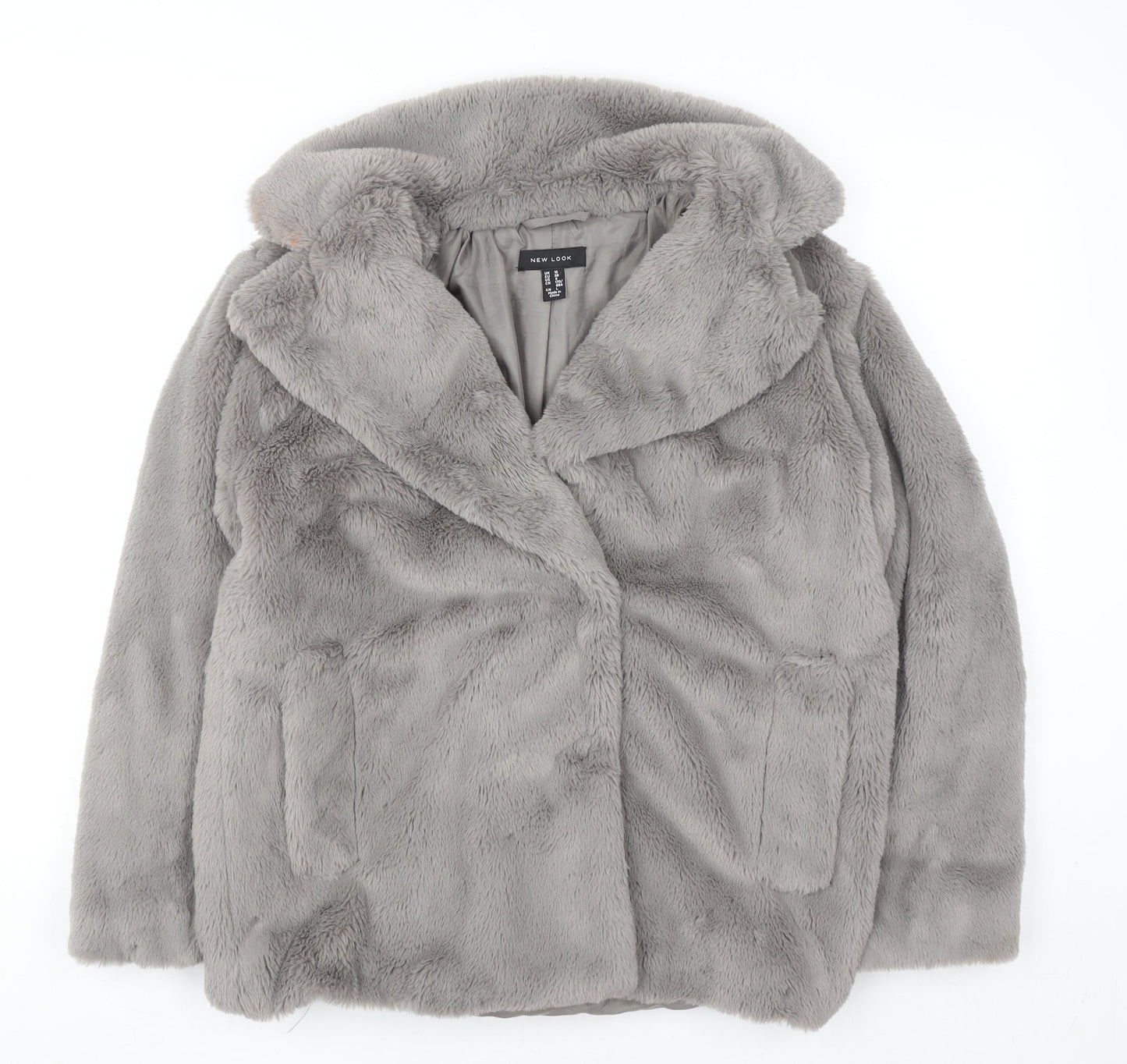 New Look Women’s Grey Faux Fur Mid-Length Coat Size 10