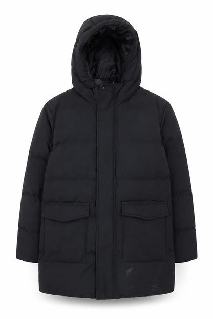 Front view of Uniqlo boys’ black 7-8 years hooded puffer jacket winter coat