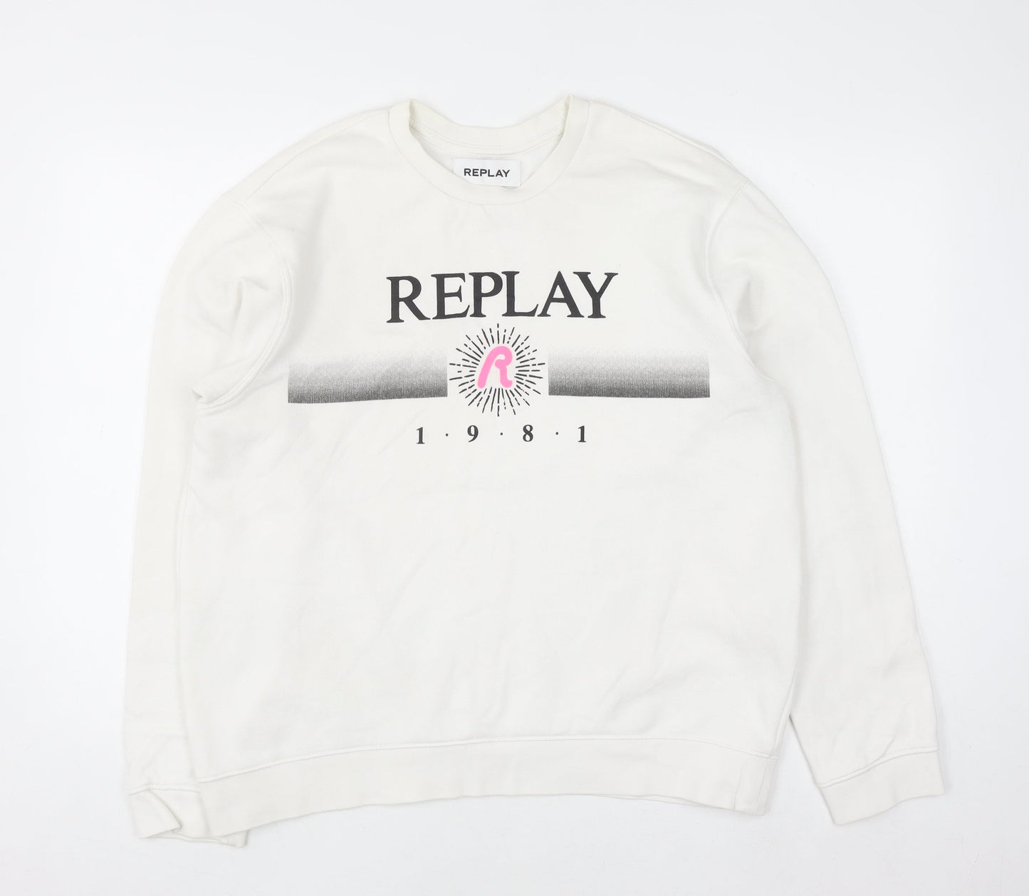 Replay Women White Cotton Blend Sweatshirt Size 3XL Crew Neck