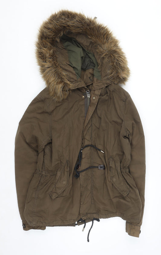Zara Woman Khaki Green Faux Fur Hooded Parka Jacket Size 12